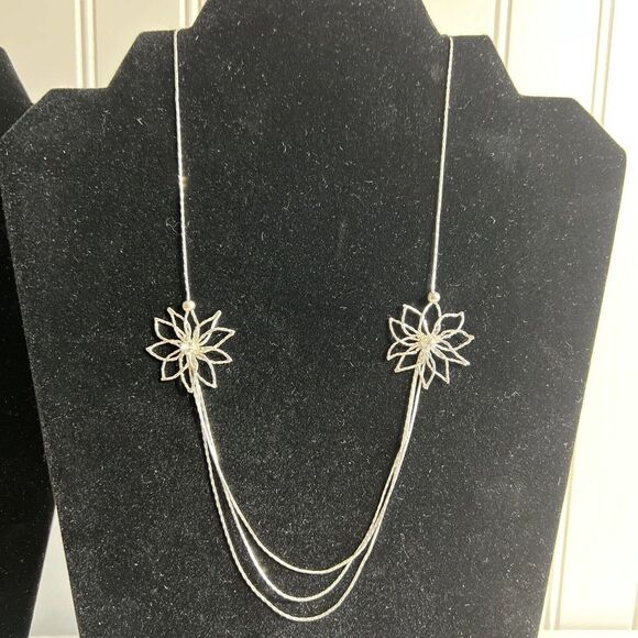 Silver Hand Wired Triple Drop Necklace With Flowers Rhinestone Adjust 19”-22” - Picture 1 of 6